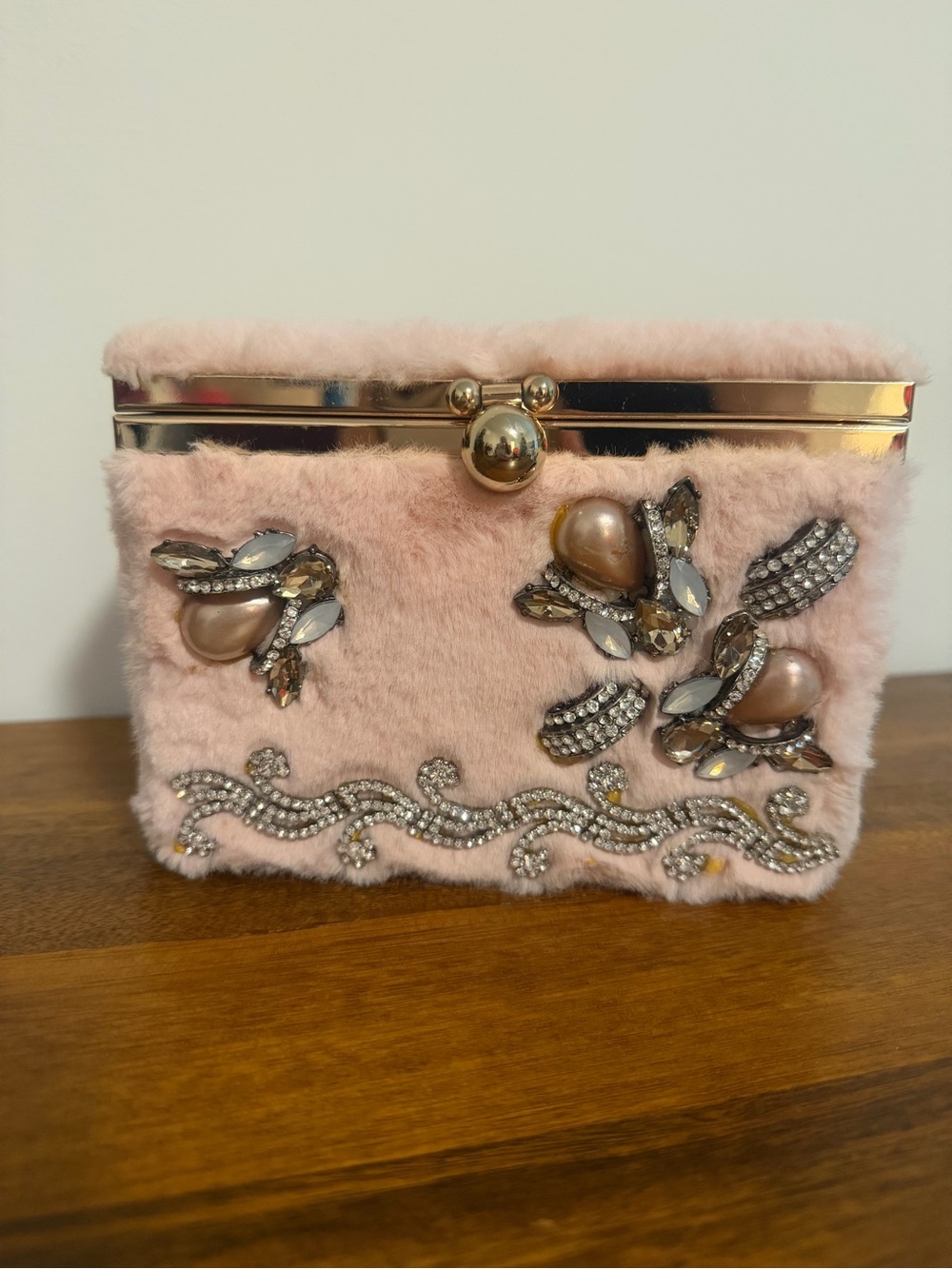 Embellished Pink Faux Fur Evening Clutch with Gold-Tone Frame